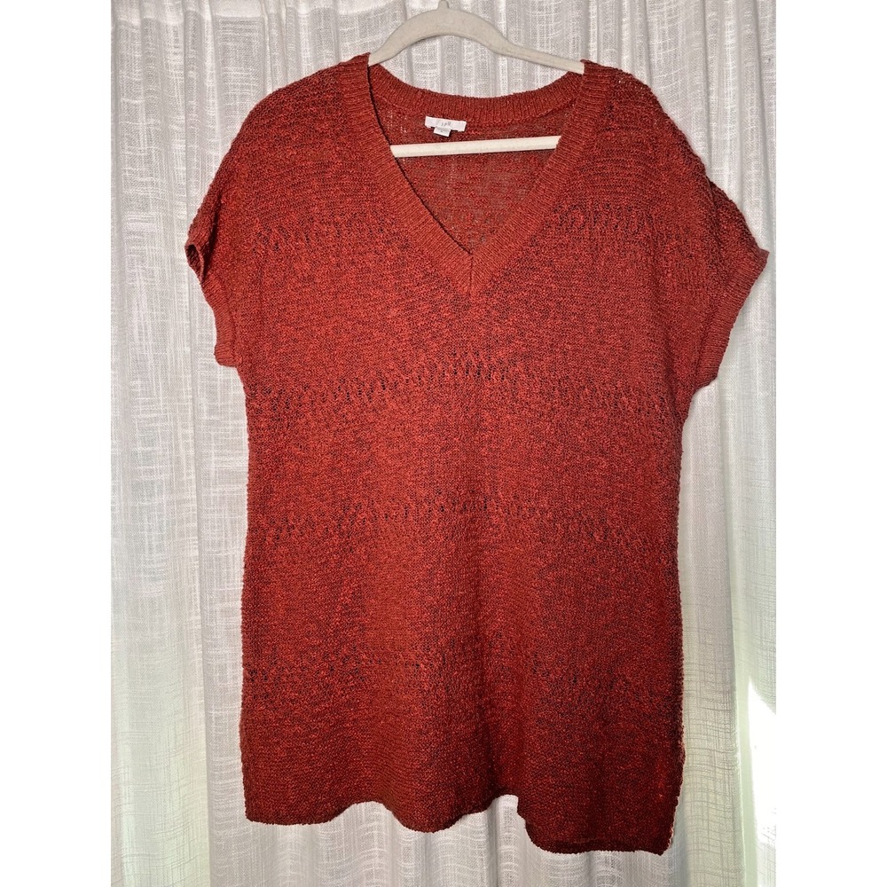 J.Jill Textured Loose Knit V-Neck Burnt Orange Tunic Sweater, Coastal Luxe | Med